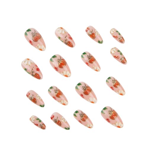 Fall Press on Nails Almond, Gilded Pumpkin Daisy Leaf, Medium - color: Style-35