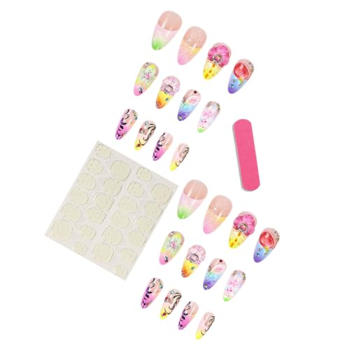 Summer Long Press on Nails Almond Fake Nails Flowers Colorful Design 24pcs