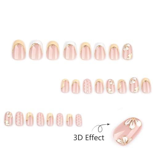 Short Oval Press On Nails Nude Pink, Yellow French Tip Fake Nails with Hand Painted Flower and Gold Outline, Cute Polka Dot Glossy Stick On Nails Reusable Full Cover False Nails for Women - color: Golden thread flower