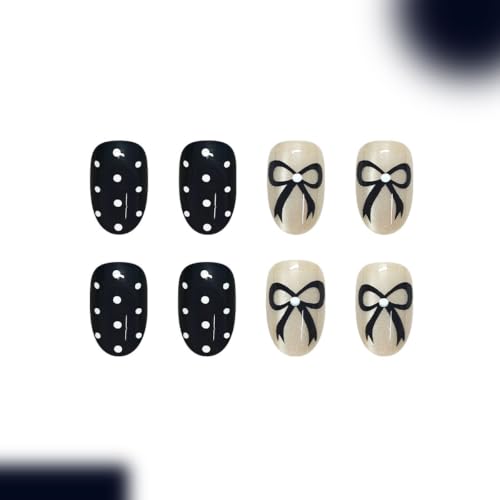 Oval Press on Nails, Short, Blue Bow, White Polka Dot, Acrylic Nails, 24Pcs - color: style-04
