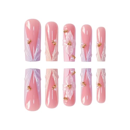 Long Square Press on Nails 3D Flower Design French Tip False Nails with Pearls Elegant Fake Nails for Women Wedding Party Prom 24 Pcs - color: 22