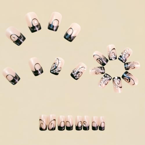 Medium Press on Nails Square Black Lines Rhinestones Fake Nails 24Pcs - color: Black