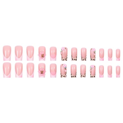 French Tip Press on Nails Medium Square Leopard 3D Flower Fake Nails 24Pcs - color: Style 25