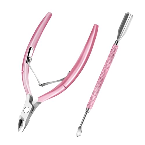 Cuticle Trimmer with Cuticle Pusher and Scissors, Cuticle Remover Professional Durable Pedicure Manicure Tools, Stainless Steel Cuticle Nipper Cutter Clipper (Pink Pusher) - color: Pink Pusher
