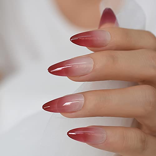 Coolnail Red Ombre Press on Nails Gradient UV Finish Design Medium Long Almond Shape False Fake Nail Pointed Reusable Nail Kit for Women - color: L5971
