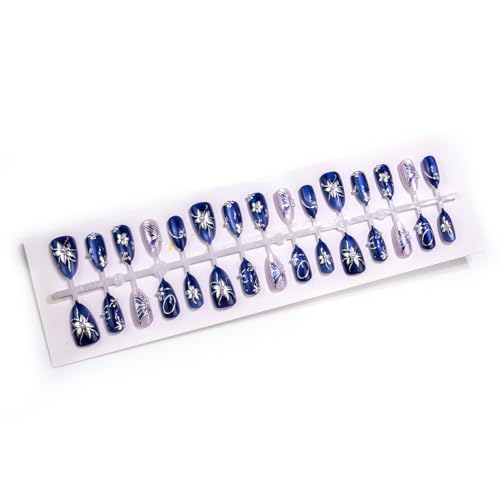 Blue Press On Nails Medium Almond Fake Nails With Blue Butterfly Design Glitter Nails Press Ons Glossy False Nails Silver Pearl Flower Acrylic Glue On Nails For Women 30Pcs - color: Design-19