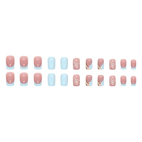 Square Press on Nails Medium Fake Nails French Gold Glitter Designs Butterfly False Nails Pink&Light Blue Acrylic Glue on Nails Glossy Full Cover Stick on Nail for Women Girls - color: Pink&White