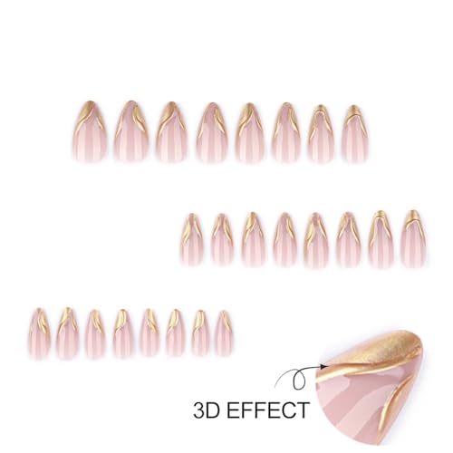 Gold Press on Nails - Medium Almond Fake Nails - color: Color-22