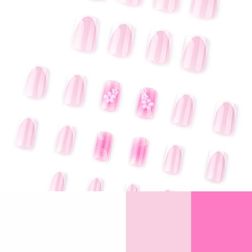 Pink Flower Press on Nails Medium Square Fake Nails White French Tip Acrylic False Nails with Spring Floral Designs Glue on Nail Glossy Artificial Nails Full Cover Stick on Nail for Women 24Pcs - color: style 33