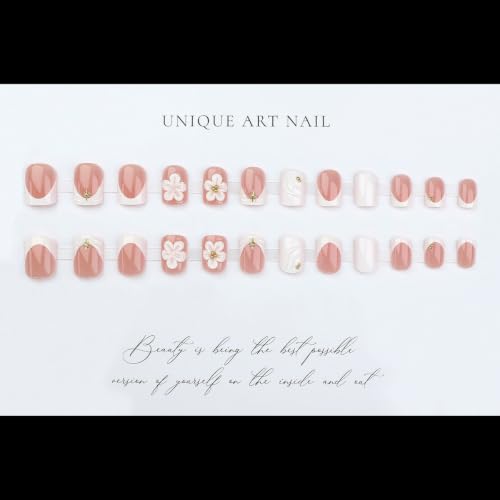 French Tip Press on Nails Square Short 3D Flower Water Ripple Design - color: Gold White