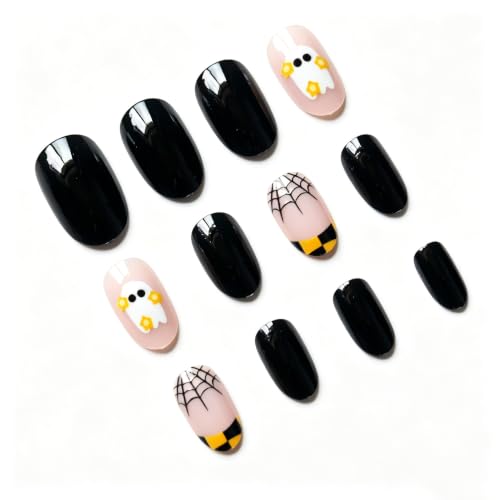 Short Almond Press on Nails Halloween with Cute Ghost Fake Nails 24Pcs - color: Style 1