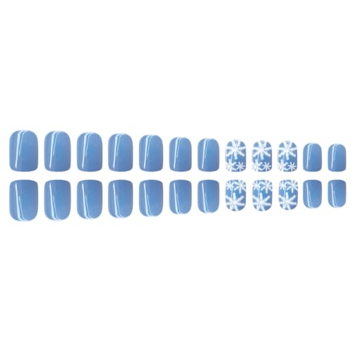 Winter Press on Nails Short Square Fake Nails Snowflake Blue Designs 24Pcs - color: 27