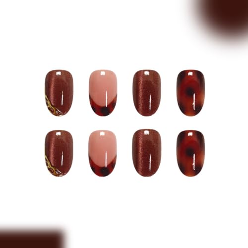 Short Oval Press on Nails for Women, Glossy Brown Fake Nails, 24Pcs - color: Color-28