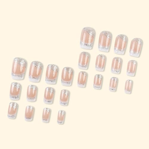 Square Press on Nails White French Tip Nails Press ons Medium Fake Nails with Silver Glitter Designs False Nails Ombre Glossy Artificial Nail Acrylic Glue on Nail for Women Girls 24Pcs - color: style021