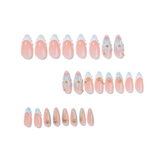 Blue Ombre Press on Nails Medium Almond - 3D Floral & Starfish - color: D-53