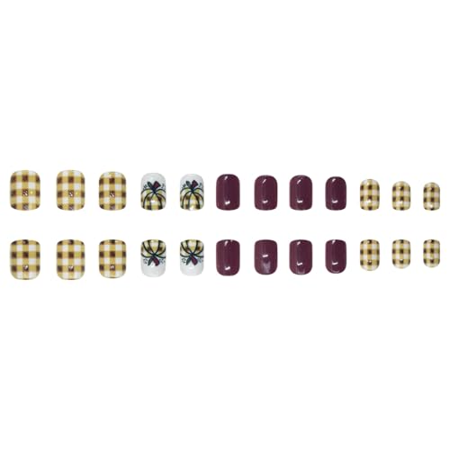 Thanksgiving Press on Nails Short Square Fake Nails Brown Checkered Full Cover Nails Press ons with Glossy Fall Pumpkin Reusable Acrylic Glue on Nails Autumn Nail for Women Thanksgiving Manicure 24Pcs - color: Color-20
