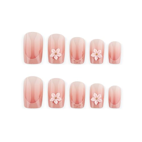Pink French Tip Press on Nails Medium Square Flower Design - color: Solid Pink White