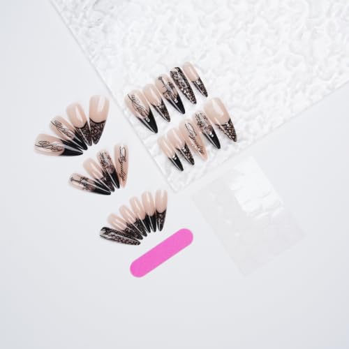 Goth Press on Nails Long Stiletto Black Fake Nails 24Pcs - color: Color-4