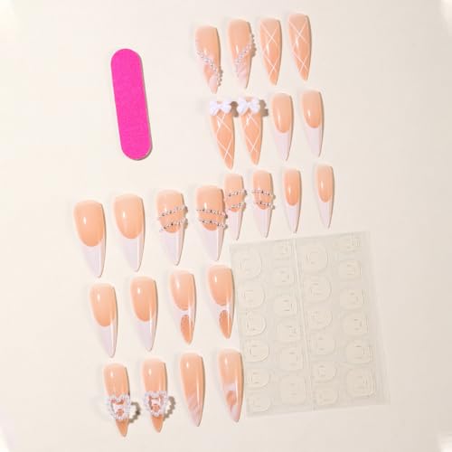 Long Stiletto Press on Nails - White French Tip witn 3D Bow - color: Style-23