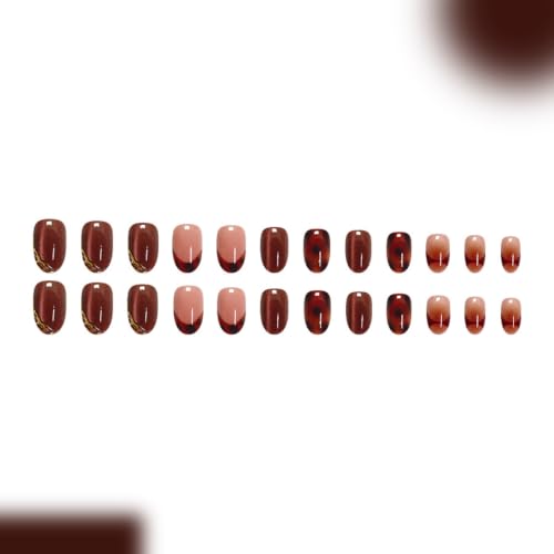 Short Oval Press on Nails for Women, Glossy Brown Fake Nails, 24Pcs - color: Color-28