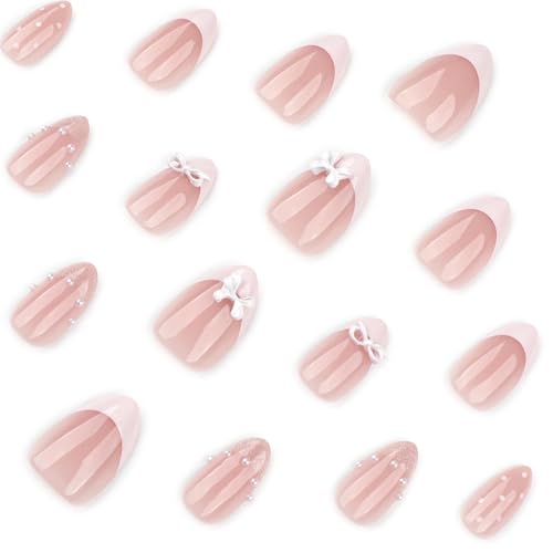 Glitter French Press On Nails Short Almond Fake Nails With Polka Dot Pearls Design False Nails Press Ons Bow Pink Acrylic Nails Glossy Glue On Nails For Women - color: Design-9