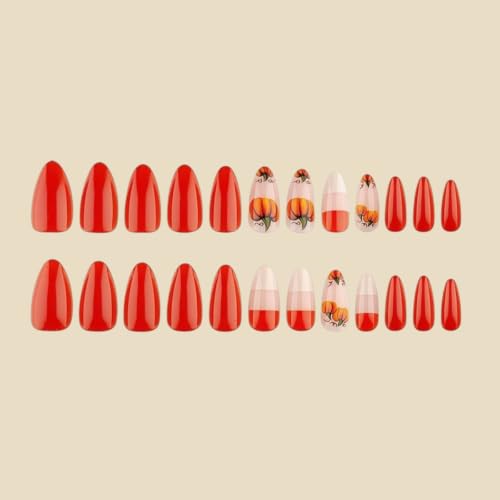 Fall Press on Nails Medium Almond, Pumpkin, Orange - color: Style-11