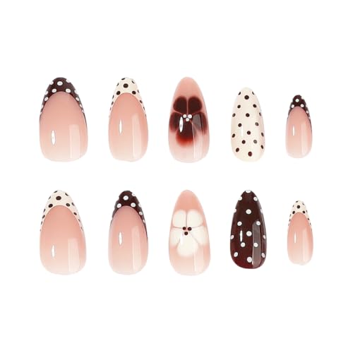 Fall Brown Press on Nails Almond, Flower, Polka Dots, Medium, 24Pcs - color: Style-38