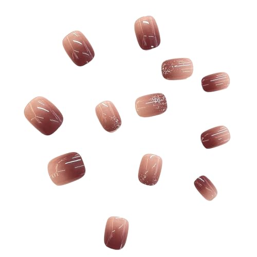 Fall Press on Nails Short Square Fake Nails Brown Ombre Glitter Designs - color: 23