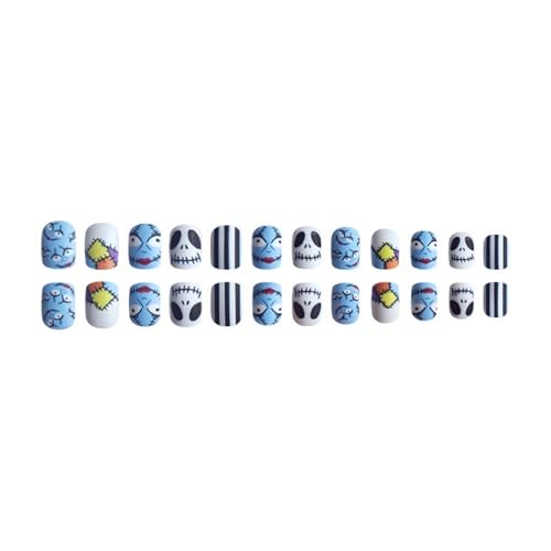 Halloween Press on Nails Short Square Fake Nails Skull False Nails Designs Blue White Glossy Acrylic Nail Tips Stripe Full Cover Glue on Nails DIY Halloween Nails for Woman Nail Art Manicure 24 Pcs - color: Style 14