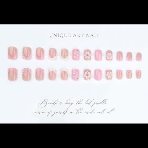 Press on Nails Medium Square 3D Flower Water Ripple Design - color: Pink White-18