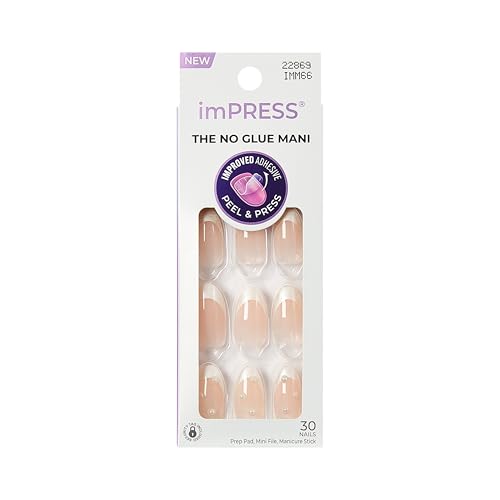 Kiss Impress No Glue Mani Press On Nails, Design, 'Chills', White, Medium Size, Almond Shape, Includes 30 Nails, Prep Pad, 1 Manicure Stick, 1 Mini File