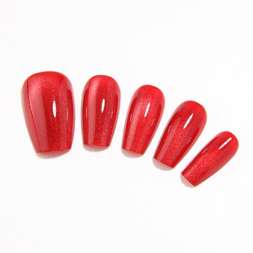 Red Medium Coffin Press On Nails, Cat Eye Press on Nails, Fashion Gel Fake Nails, Reusable Red Fake Nails, Glossy Stick on Nails for Women Girls, Glue on Nails Kit 32Pcs, Ballet Heatwave - color: C1-Ballet Heatwave