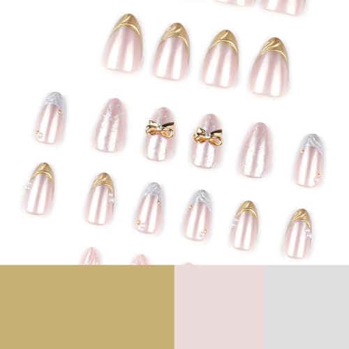 Short Almond Press on Nails 3D French Tip with Gold Bow Design Shimmer Glossy Fake Nails for Women 24PCS - color: Style-06