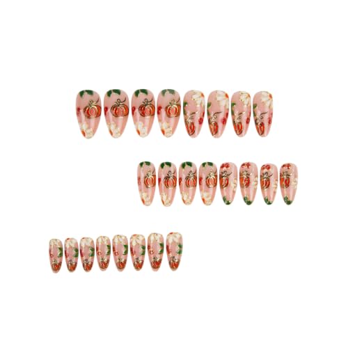 Fall Press on Nails Almond, Gilded Pumpkin Daisy Leaf, Medium - color: Style-35