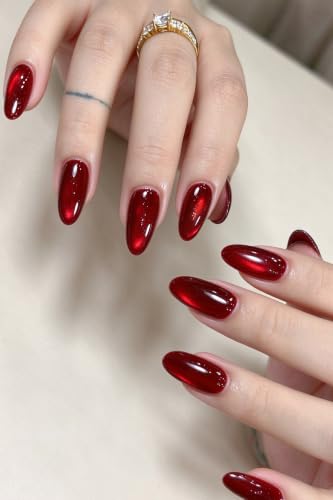 AzureBeauty Short Almond Press On Nails, Ruby Red Cat Eye, 32 Pcs 16 Sizes - color: B1-Ruby Red Cat Eye