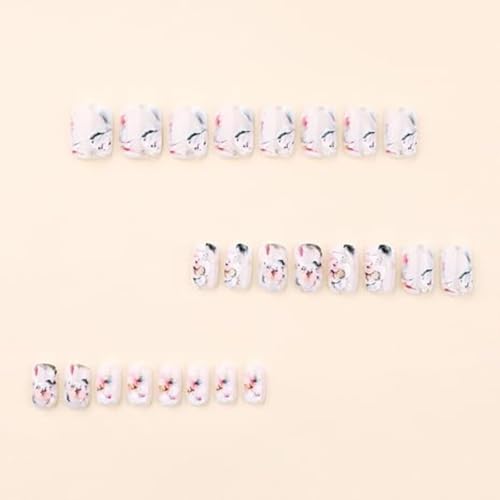 Spring Press on Nails Short Square Fake Nails with Glitter Flower Designs Glossy Nails Press ons White Glue on Nails Artificial Acrylic Summer Stick on Nails for Women 24Pcs - color: 20