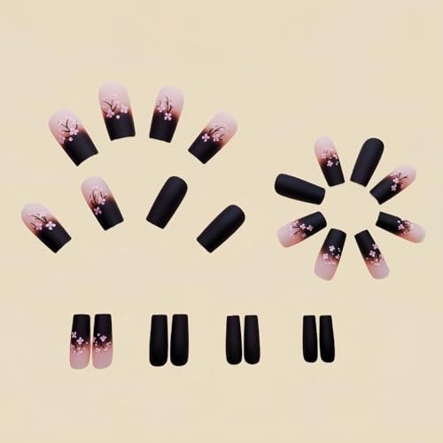 Spring Press on Nails Medium Fake Nails Pink Black Gradient Square Press on Nails Coffin Glossy False Nail with Flowers Designs Full Cover Acrylic Nails Glue on Stick on Nail for Women 24PCS - color: W8