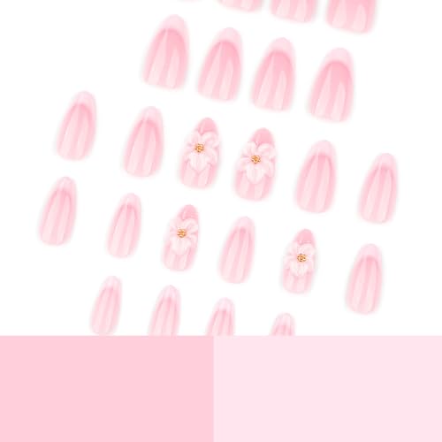 French Tip Press On Nails Almond Medium Fake Nails With 3D White Flower Design False Nails Pink Spring Acrylic Nails Press Ons Glossy Glue On Nails For Women - color: Design-4
