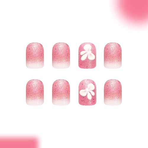 Pink Press On Nails Short Square Fake Nails With Bow Design Pink Glitter False Nails Gradient Nail Press Ons Glossy Full Cover Reusable Acrylic Glue On Nails For Women - color: short square nails-9