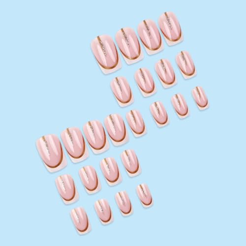 White French Tip Press on Nails Square Medium Fake Nails with Glitter Line Designs Pink Nails Press ons Glossy Glue on Nails Acrylic False Nails Artificial Stick on Nails for Women 24Pcs - color: Glitter Line Designs