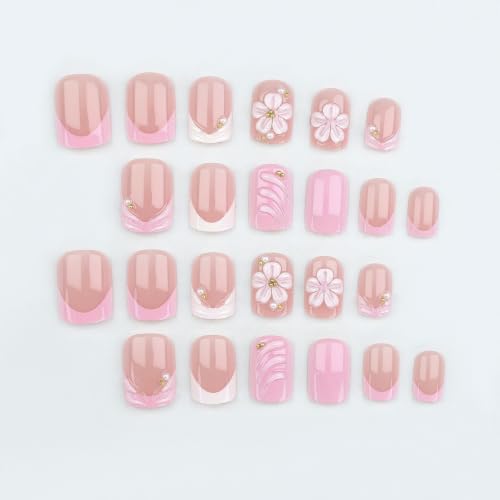 Press on Nails Medium Square 3D Flower Water Ripple Design - color: Pink White-18