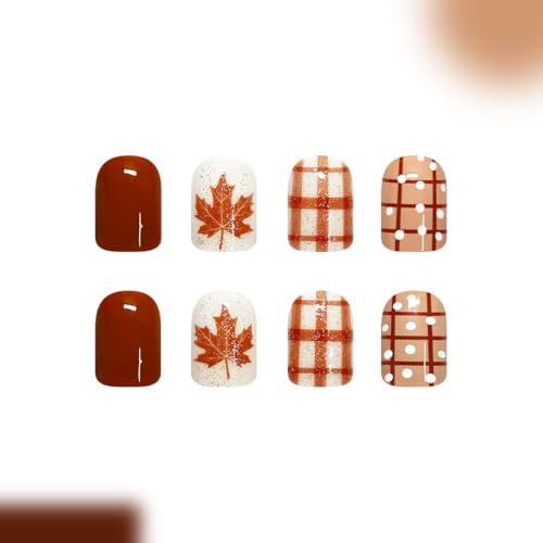Fall Press on Nails Short Square Brown Plaid Maple Leaf Polka Dot - color: Style-27