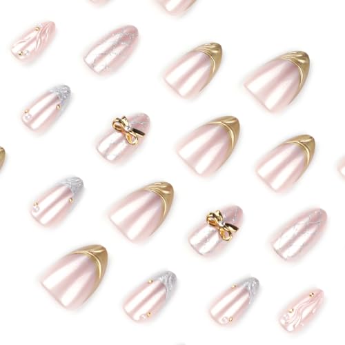 Short Almond Press on Nails 3D French Tip with Gold Bow Design Shimmer Glossy Fake Nails for Women 24PCS - color: Style-06