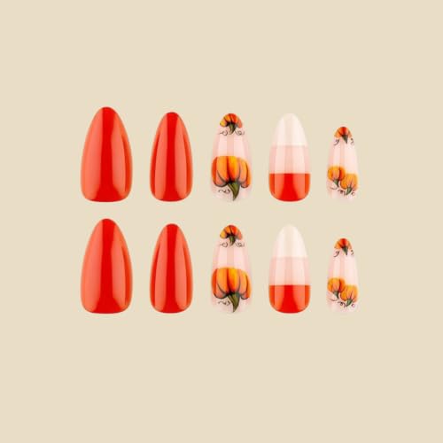 Fall Press on Nails Medium Almond, Pumpkin, Orange - color: Style-11