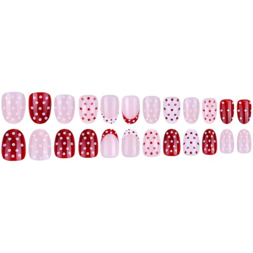 Polka Dot Press On Nails Short Almond Fake Nails Red White French Tip Nails - color: BD-Claret-10