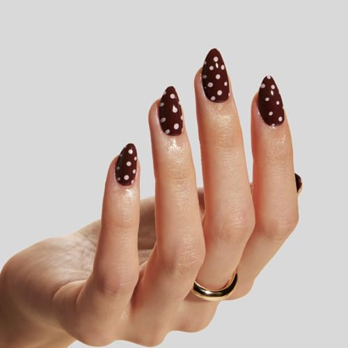 LAMIMOSA 32Pcs Brown–Red Polka Dot Press On Nails Short Almond. DOT DOT DOT - color: Dot Dot Dot