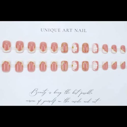 French Tip Press on Nails Short Square Flower Gold Line Design - color: White Gold