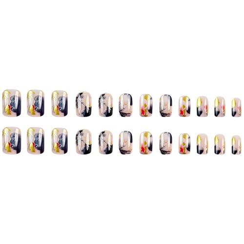 Fall Maple Leaves Press On Nails Short Square Fake Nails Press Ons With Gold Foil Design Glue On Nails Ink Wash Style Autumn Stick On Nails Full Cover Acrylic False Nails For Women Nail Decor - color: design-2
