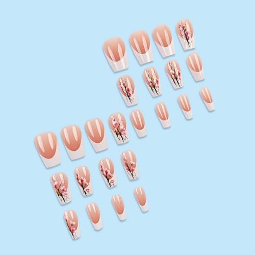 Floral Press on Nails Medium Length Fake Nails White French Tip Press ones Stick on Nails with designs Acrylic Nails Nude Gel Glue on Nails Kit for Women Spring Summer Glossy False Nails 24pcs - color: style12