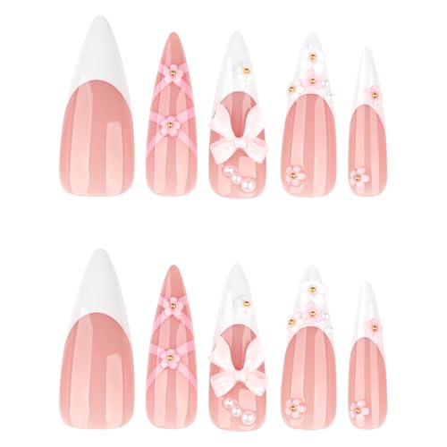 RUOKEXIN Long Almond Press on Nails French Tip Fake Nails Pink False Nails with 3D Bow Flower Designs Stiletto Nail Press ons Sparkly Artificial Nails for Women 24Pcs - color: Almond Style 11-14